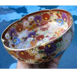 Superb Vintage Japanese Satsuma Millefiori 1000 Flowers Gold Gilded Lobed Bowl
